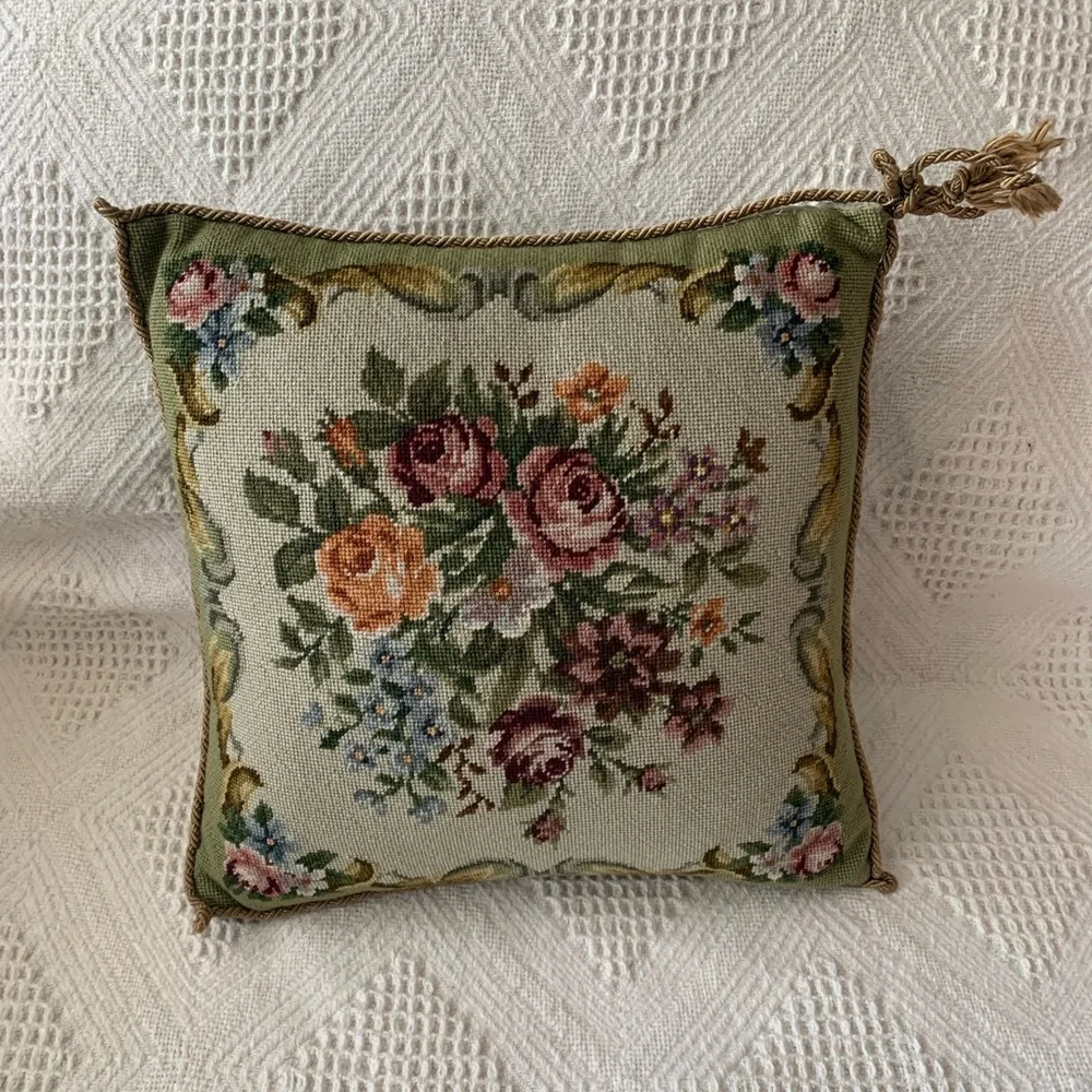 Vintage Floral Needlepoint Pillow with Green and Pink Accents